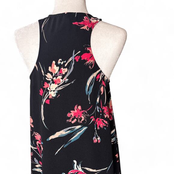Leith Sleeveless Tropical Floral Flutter Hem Shift Mini Dress Black Small - Picture 5 of 9